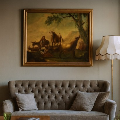 Pintura de paisaje con rebaños y pastores