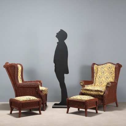 Paire de fauteuils avec pouf en rotin, Paire de fauteuils, Paire de fauteuils avec pouf en rotin
