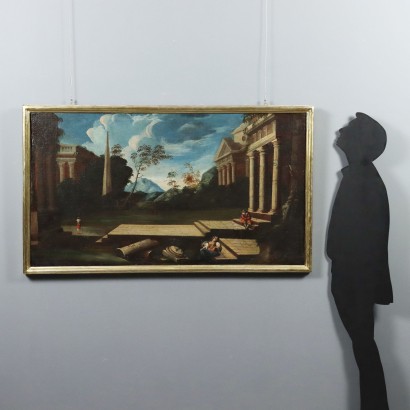 Pintura de paisaje con arquitectura y, Paisaje con arquitectura y figuras
