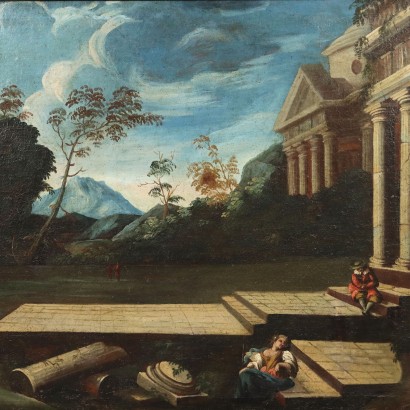 Pintura de paisaje con arquitectura y, Paisaje con arquitectura y figuras