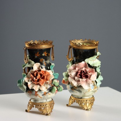 Par de jarrones de cerámica y bronce de Barbotine