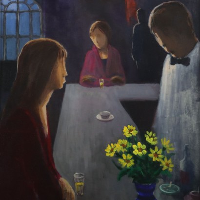 Painting by Eliano Fantuzzi, Figures at the Bar, Eliano Fantuzzi, Eliano Fantuzzi, Eliano Fantuzzi