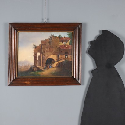 Peinture de paysage avec ruines et personnages