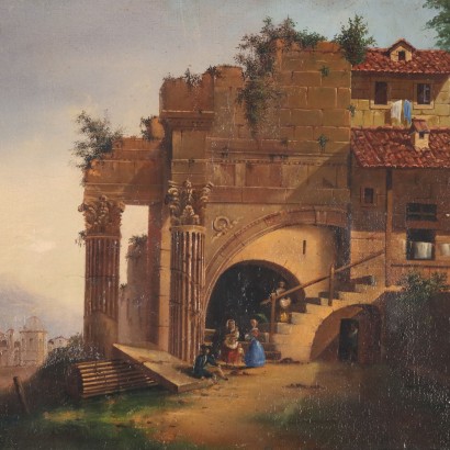 Peinture de paysage avec ruines et personnages