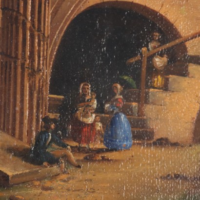 Peinture de paysage avec ruines et personnages