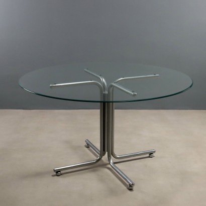 Vintage Round Table Design Chromed Metal Glass 1970s