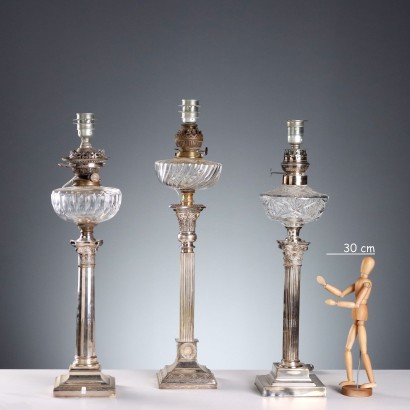 3 Lamps in Silver Metal and Glass, Group of Three Lamps in Silver Metal and Glass