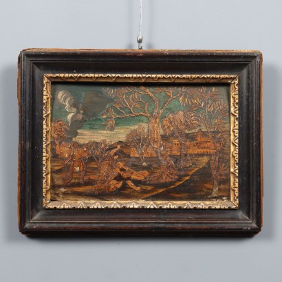 Gemälde einer Szene mit Holzeinlegearbeiten