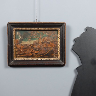 Gemälde einer Szene mit Holzeinlegearbeiten, Kain und Abel