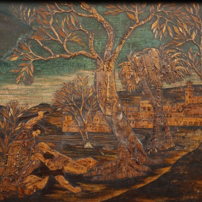 Gemälde einer Szene mit Holzeinlegearbeiten, Kain und Abel