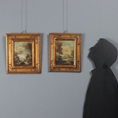 Zwei Landschaftsgemälde mit Figuren, Zwei Landschaftsgemälde mit Figuren