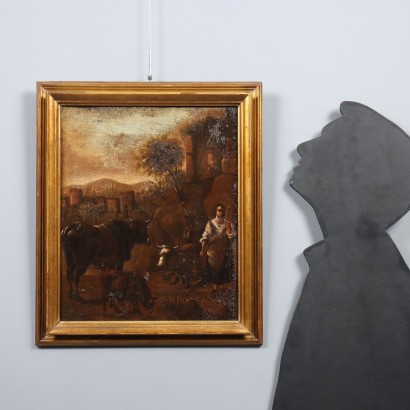 Landschaftsmalerei mit Herden und Schäferin, Landschaft mit Herden und Schäferin