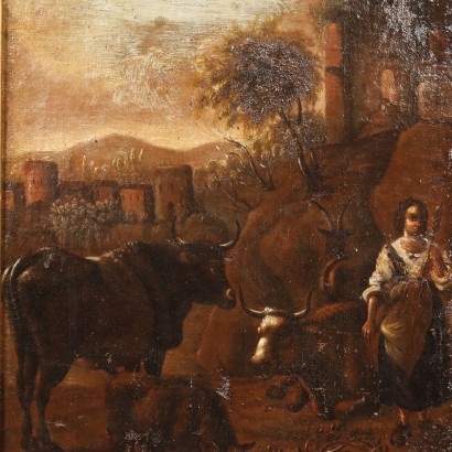 Landschaftsmalerei mit Herden und Schäferin, Landschaft mit Herden und Schäferin