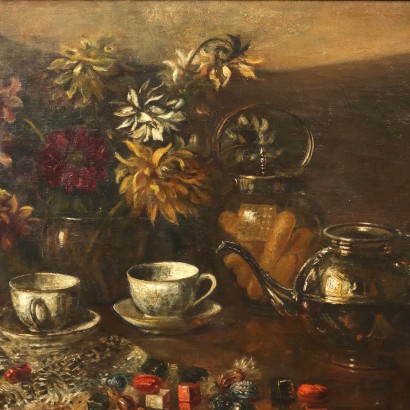 Pintura de Paolo Grilli, Naturaleza muerta con servicio de té., Paolo Grilli, Paolo Grilli, Paolo Grilli