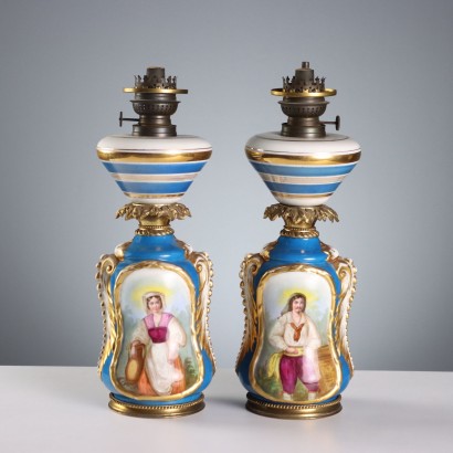 Pair of Painted Ceramic and Bronze Lamps