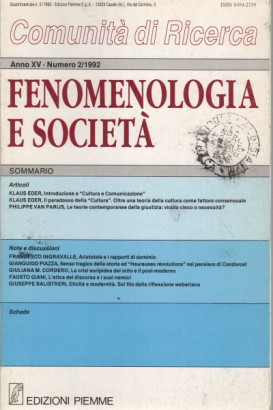 Fenomenologia e società. Periodico di filosofia - n. 2, 1992, anno XV