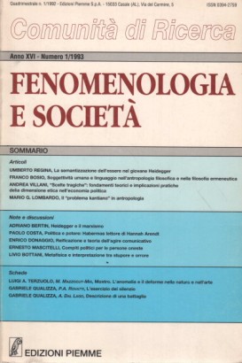 Fenomenologia e società. Periodico di filosofia - n. 1, 1993, a anno XVI