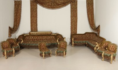 Four Baroque Style Chairs Capitonné Padding Velvet Satin Damask 1800