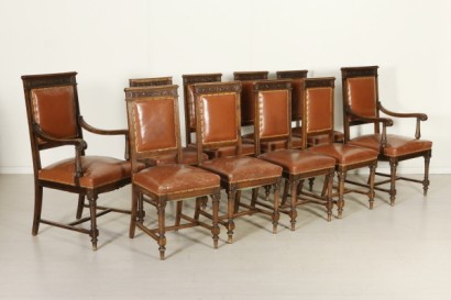 Coppia di poltrone e gruppo sedie sala completa stile neorinascimento