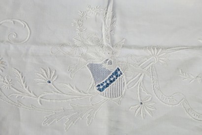 Linen double sheet embroidery detail with two pillowcases