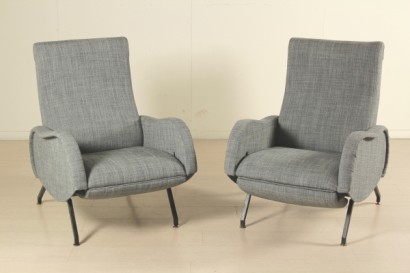 Pair of Reclining Armchairs Foam Padding Fabric Upholstery Metal Vintage Italy 1950s-1960s