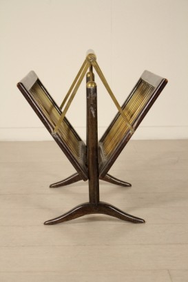 Magazine Rack Ebony Stained Wood Brass Vintage Manufactured in Italy 1950s