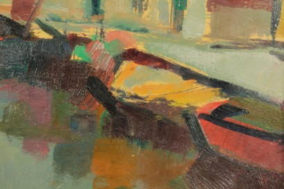 Silvio Consadori (1909-1994), view of a village with boats in the channel-detail