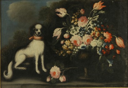 Stillleben mit blumen und hund