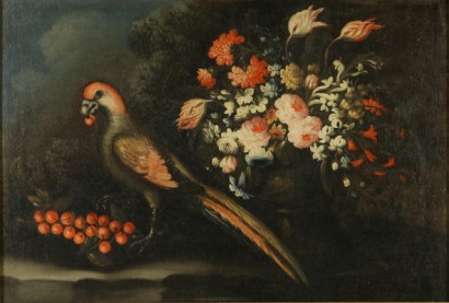 Blumenstilleben mit Papagei picken dell