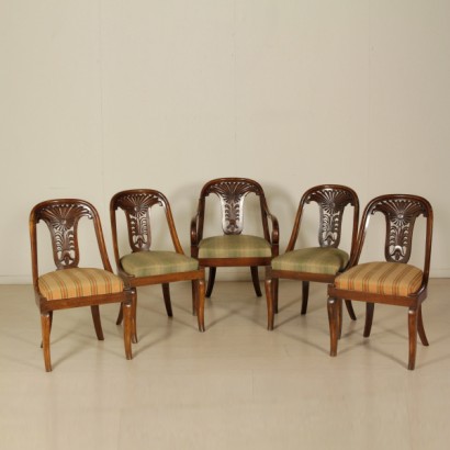 Gruppo quattro sedie e poltroncina restaurazione
