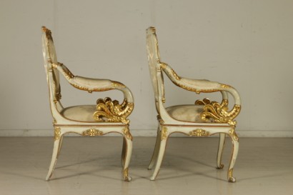 Two Armchairs Ivory Lacquered Carved and Gilded Italy First Half 1800