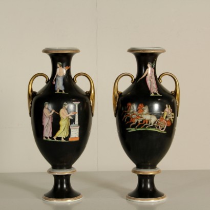 vases, vases en céramique, paire de vases, vases à figures romaines, figures romaines, vases antiques, vases antiques, vases à fond noir, fond noir, {* $ 0 $ *}, anticonline