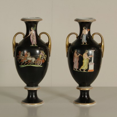 vases, vases en céramique, paire de vases, vases à figures romaines, figures romaines, vases antiques, vases antiques, vases à fond noir, fond noir, {* $ 0 $ *}, anticonline