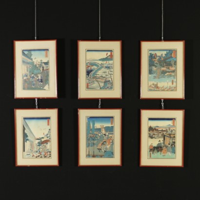 Grupo de seis grabados en madera por Toyohara Kunichika