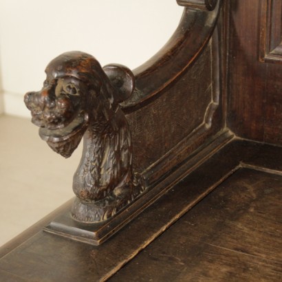 bench, bench with backrest, antique bench, antique bench, walnut bench, solid walnut bench, solid walnut, 900 bench, {* $ 0 $ *}, anticonline, neo-Renaissance bench, neo-Renaissance style bench, carved bellies