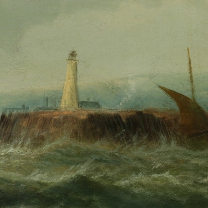 Marina with sailing ship and lighthouse