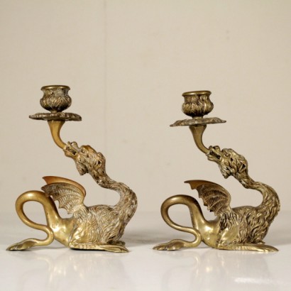 antiques, bronzes, antique bronzes, antique bronzes, antique Italian bronzes, pair of candlesticks, candlesticks, dragon, gilt bronze