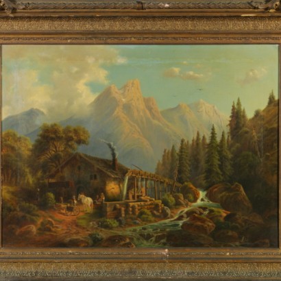 Paysage de montagne avec cabane et la figure