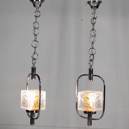 {* $ 0 $ *}, Lampenpaar, Deckenlampen, Lampen aus verchromtem Metall, Lampen aus mundgeblasenem Glas, Lampen aus verchromtem Metall, moderne antike Lampen, italienische Lampen
