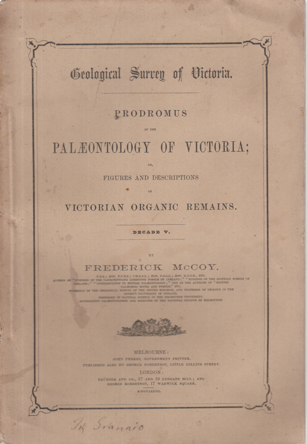 Servicio Geológico de Victoria. Pródromo del Pa, Frederick McCoy