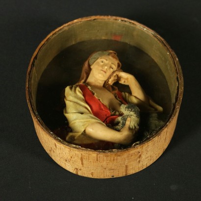 Dame avec chien Cire polichrome XVIIIeme siècle