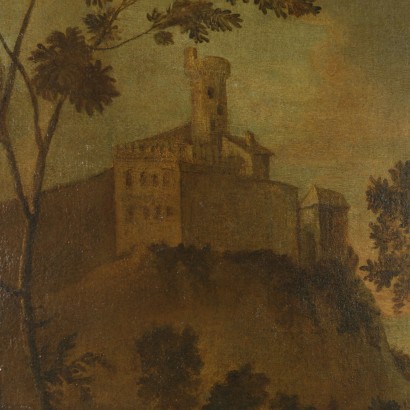 Landscape with tower, bridge, architecture and characters