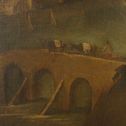 Paysage avec une tour, un pont, l'architecture et les personnages