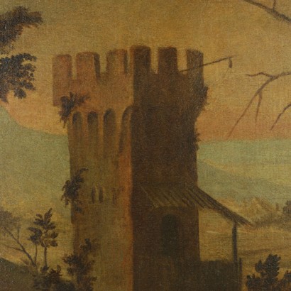 Paesaggio con torre, ponte, architetture e personaggi