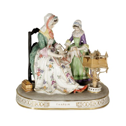 {* $ 0 $ *}, dame avec fille sur le métier à tisser, fille sur le métier à tisser, sculpture en porcelaine, dame sculptée, fille sur le métier à tisser en porcelaine