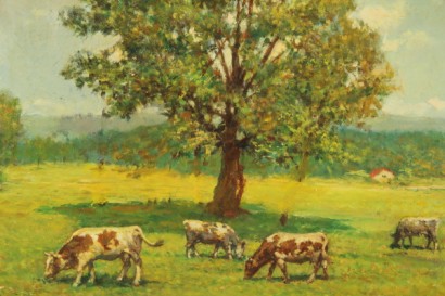 arte del siglo XX, el arte de 900, salvatore corvaya, corvaya, corvaya pinturas, óleo sobre cartón, paisaje, paisajes de corvaya, paisajes, paisajes de 900, paisajes, vacas, vacas pastando