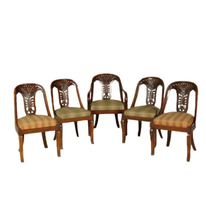 Gruppo quattro sedie e poltroncina restaurazione
