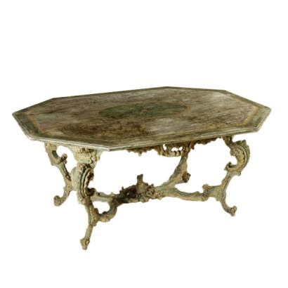 {* $ 0 $ *}, carved and lacquered table, carved table, lacquered table, antique table, antique table, 900 table, 20th century table, Piedmontese table, Turin table, Turin table