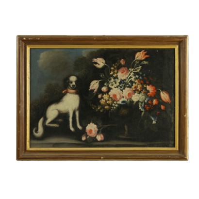 Stillleben mit blumen und hund