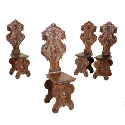 {* $ 0 $ *}, carved stools, four carved stools, 900 stools, early 1900s stools, neo-Renaissance style stools, elegant stools, antique seating, antique stools, antique stools, antique seating